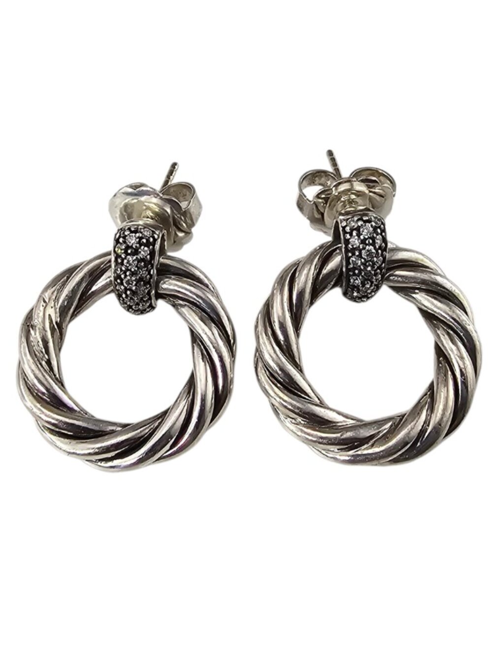 David Yurman Sterling Silver Diamond Door Knocker Hoop Earrings #25911